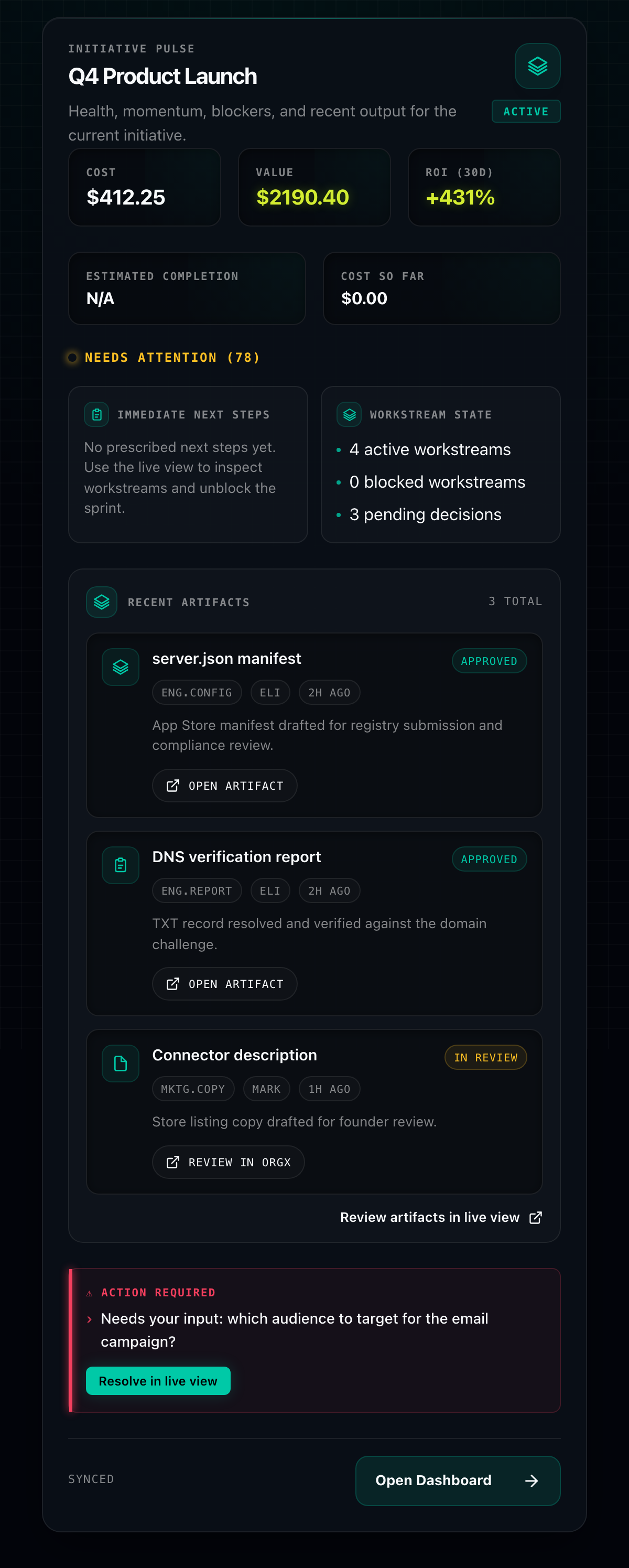 Initiative pulse — Q4 product launch with cost, value, and ROI receipts