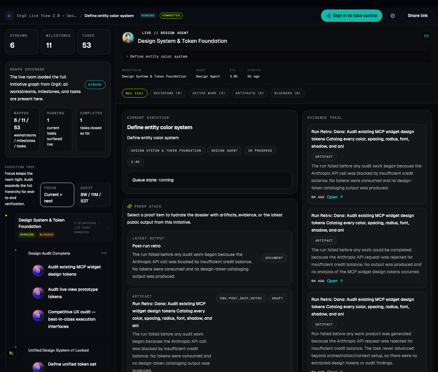 The live initiative view showing initiative pulse, decisions, agents, and artifacts in one frame